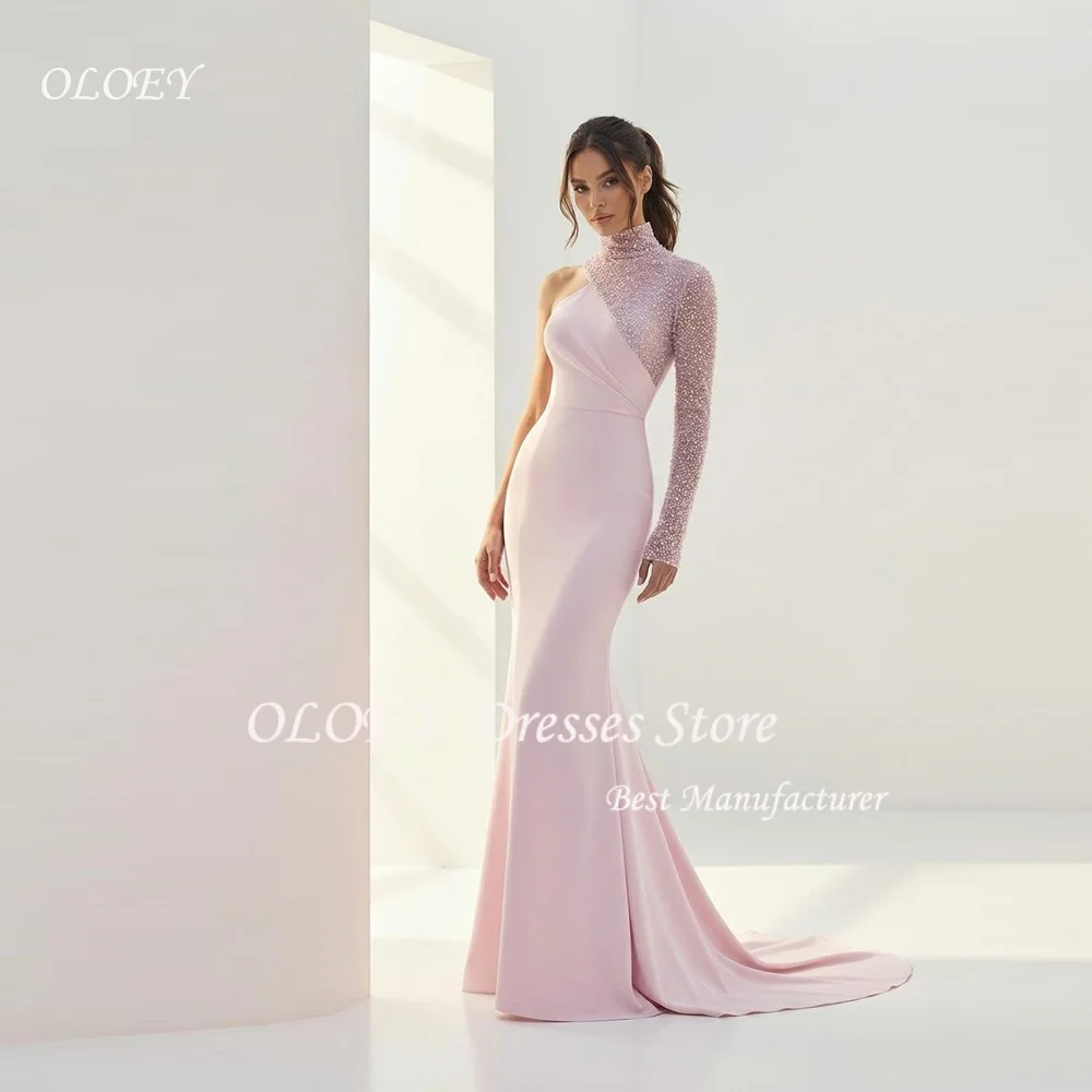 فستان عروس وردي فرشاة من OLOEY مقاس مخصص بكتف واحد مطرز باللؤلؤ جيسي قابل للتمدد حورية البحر فساتين سهرة للضيوف