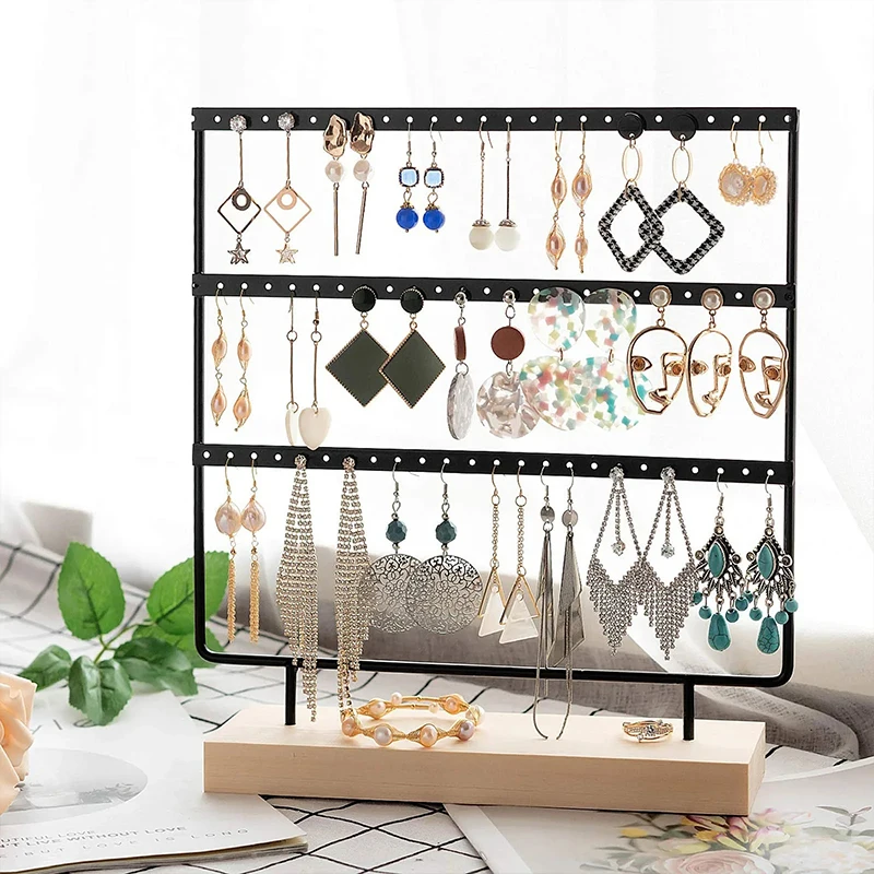 Jewelry Organizer Wood And Metal Earring Display Stand Vintage Jewelry Box Holder Home Desk Earrings Pendants Stoarge Rack