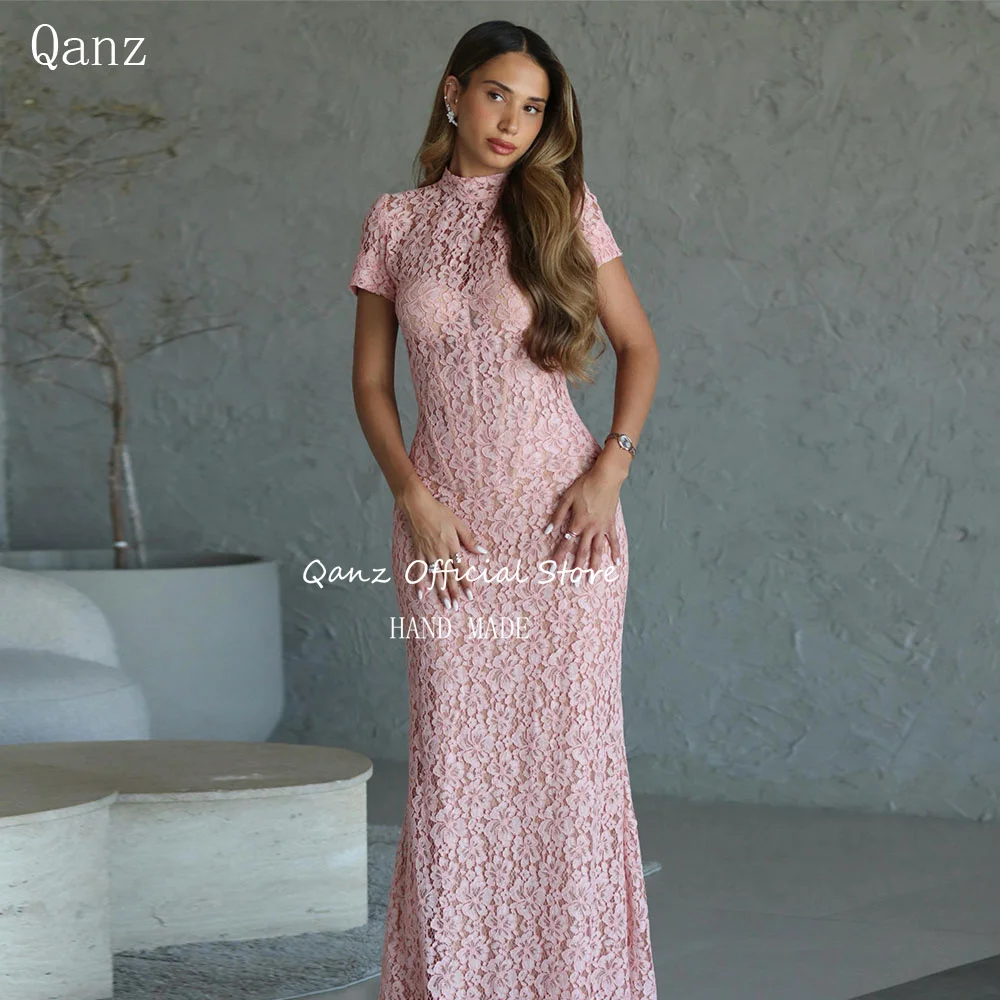 

Qanz Pink Evening Dresses 3D Floral Lace High Neck Mermaid Dress Woman Elegant Party Wedding Short Sleeves Prom Gowns Customized