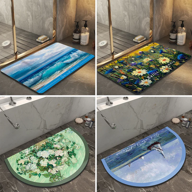 Oil Painting Printed Bathroom Mat Super Absorbent Quick Drying Foot Rug for Hallway Diatom Mud Anti Slip Easy Cleaning Doormat