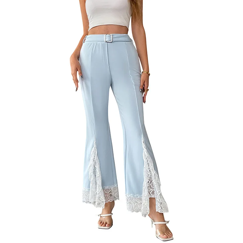 2025 Spring and Summer Leisure Elegant High Waist Lace Solid Color Women's Flared Trousers