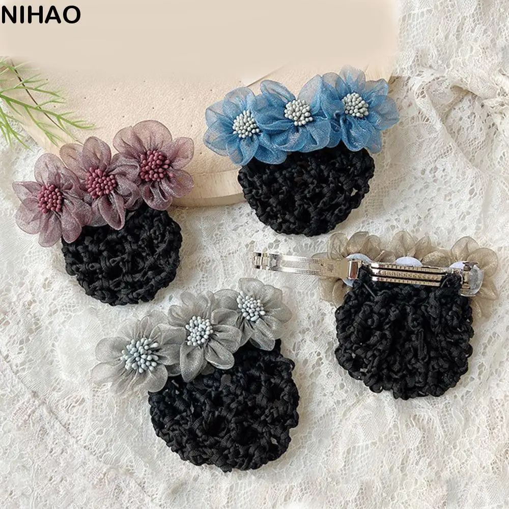 

For Nurse Pearl Lady Dance Headdress Mesh Hair Net Korean Bun Snood Hairgrips Cover Net Lace Flower Hair Net Women Spring Clips