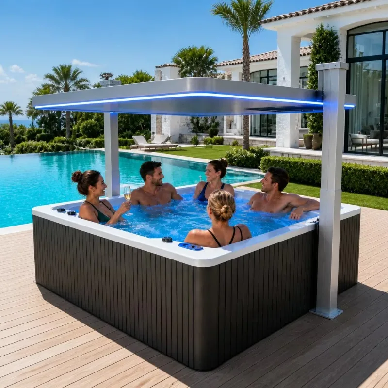 Factory Direct CE Acrylic 5 Person Massage Jets LED Ozone Lifting Cover Spa Hot Tub For Outdoor Garden Backyard Hotel Customized
