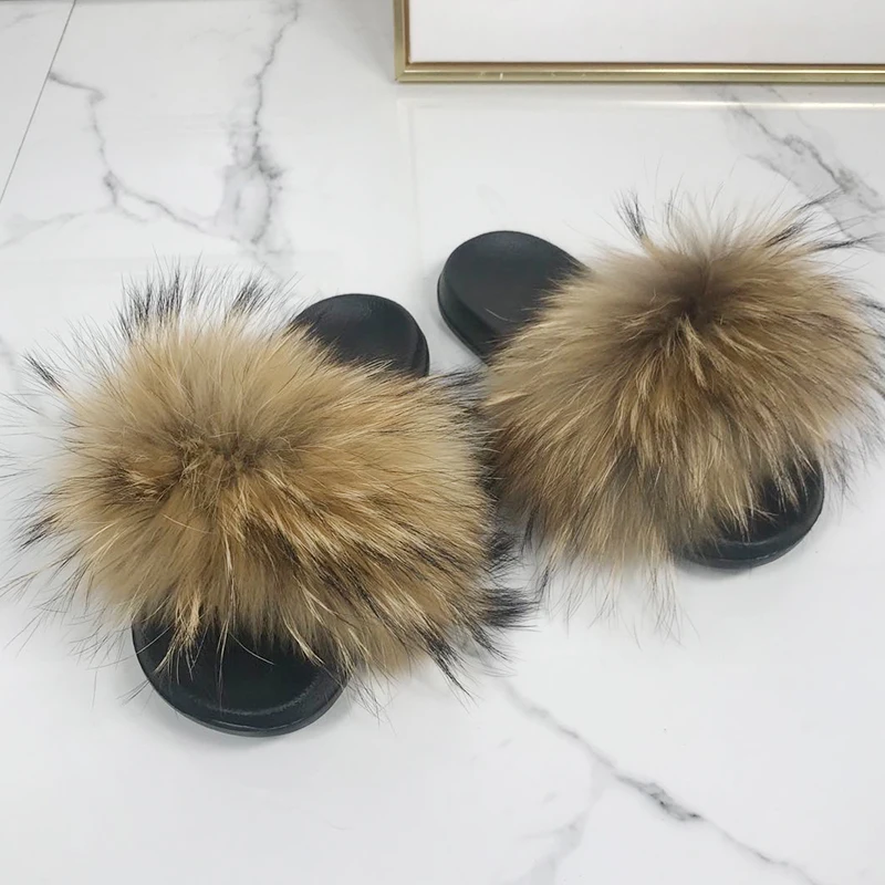 Fluffy Sliders Real fox Fur Slippers Women Home Comfort Furry Summer Flats Sweet Ladies Shoes Female Furry Indoor Flip Flops