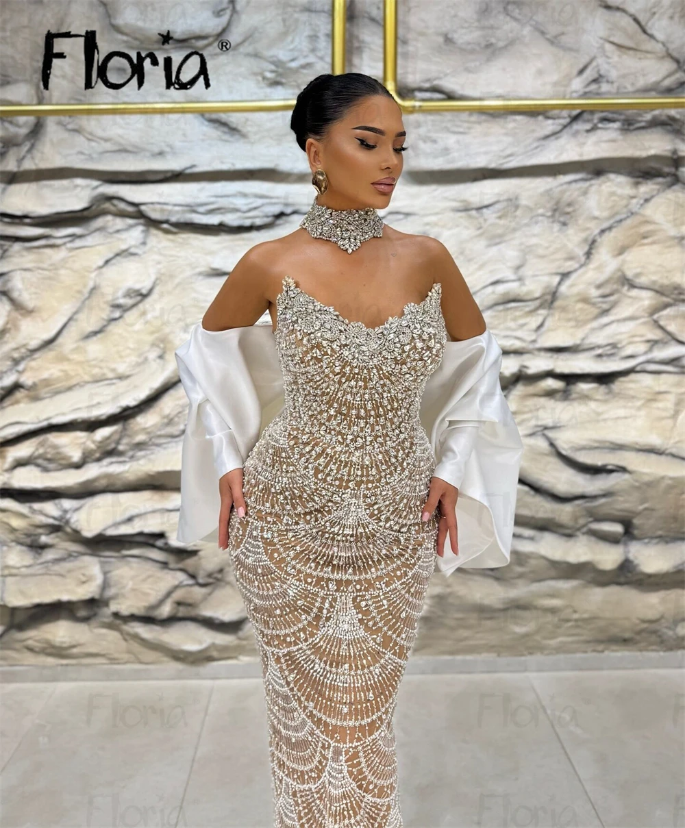 Women Luxury Beige Prom Gowns With Bow Cloak 2025 Elegant Wedding Party Dresses Crystals Second Engagement Gowns Custom Made