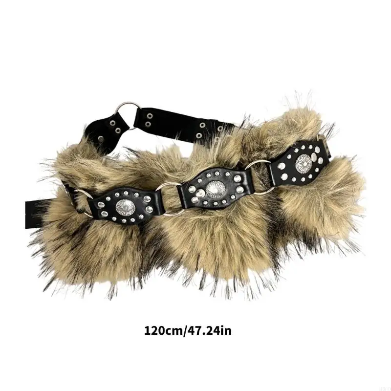 M6CD Punk Western Type Faux Furry Belt Sash cintura com pregos para roupas