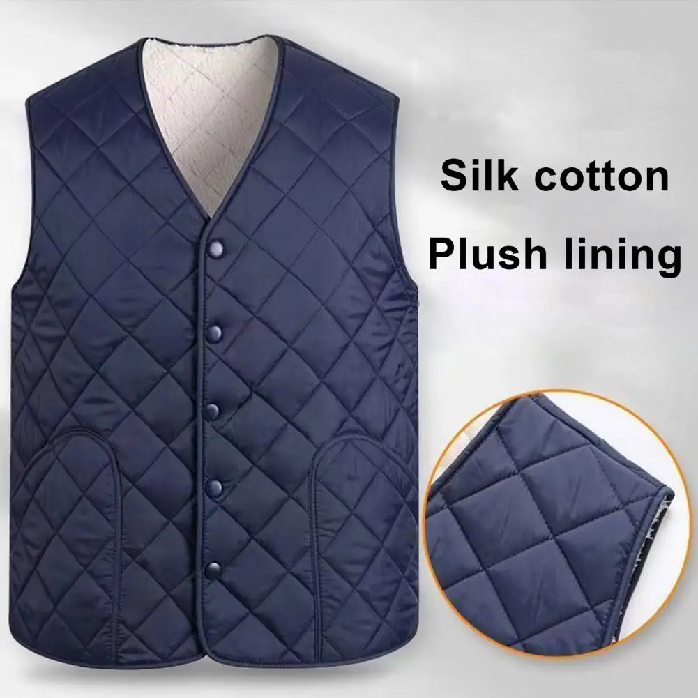 Chaleco de algodón para hombre, chaleco de algodón acolchado con cuello en V y forro grueso de felpa, diseño de un solo pecho, cálido para el frío