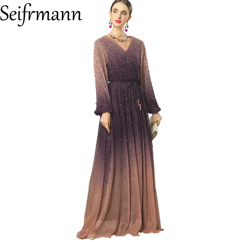 Seifrmann Stitched beaded gradient color dress v-neck long-sleeved waist long dress 2026 summer new women's clothing