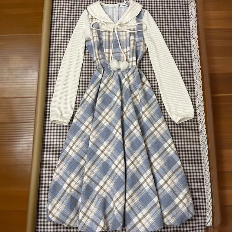 

2025 New Japanese Korean Academy Style Dress Set Streetwear Doll Collar Fake Two Piece Dress and Blue Short Coat Two Piece Sets