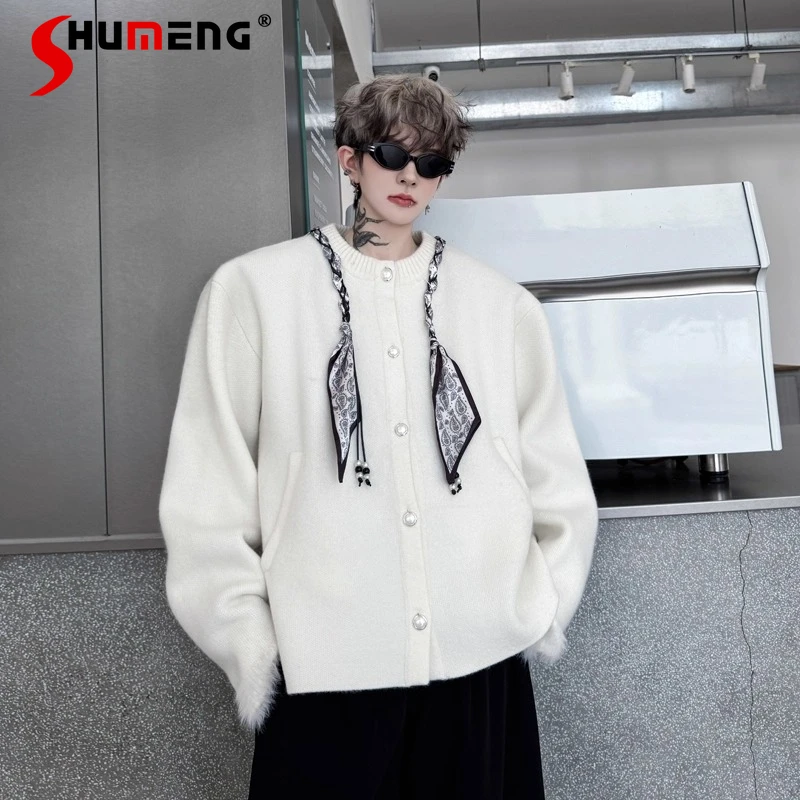 

Зима 2025 г., новый однотонный шарф с круглым вырезом, украшение, трикотаж, мужской свободный вязаный кардиган, свитер, пальто, модные вязаные топы