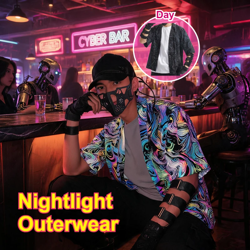 Unisex Night Reflective Punk Style Trainning Jackets Noctilucent Colorful Textured Fashion Outerwear y2k Nightbar Light Cloth