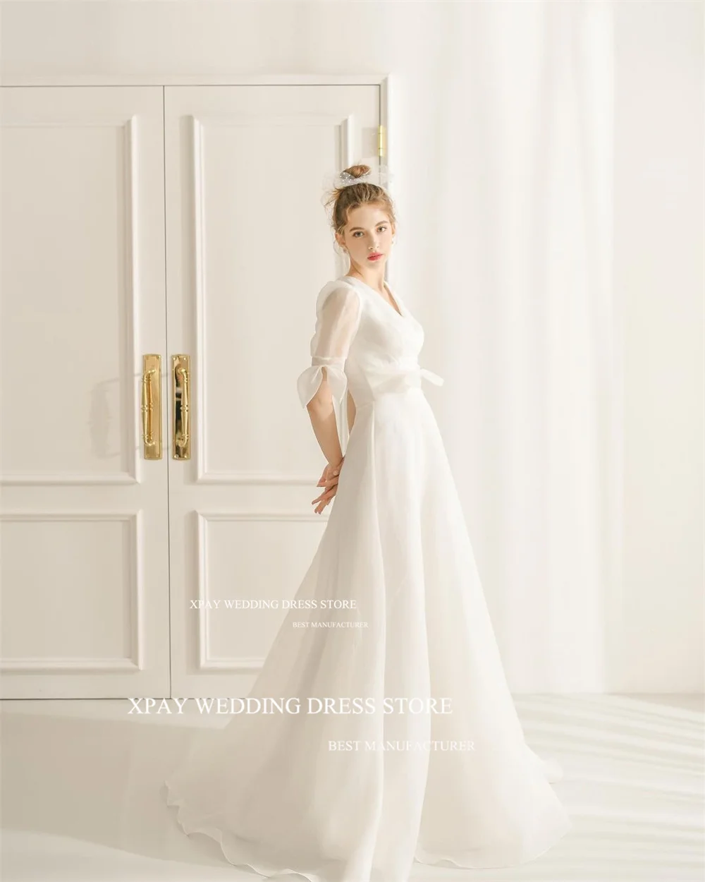 XPAY-Robes de mariée coréennes à col en V pour femmes, robe corset simple, robe de patient en organza, demi-manches, prise de photos, taille personnalisée