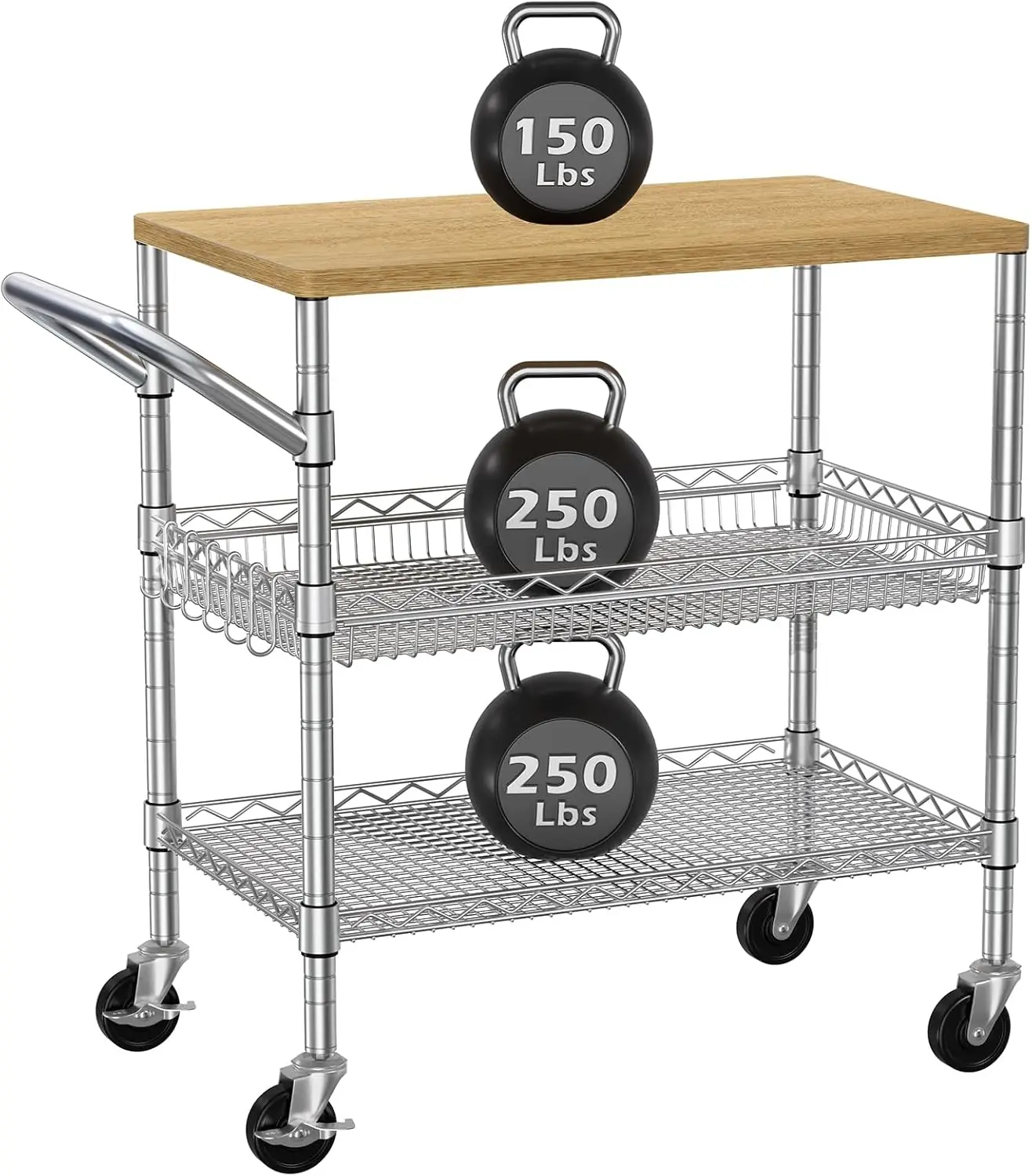 

3-Tier Rolling Kitchen Cart with Wood Tabletop & Wheels, 650Lbs Heavy Duty Utility Cart for Storage