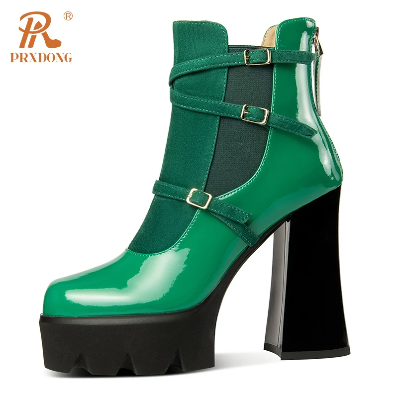 PRXDONG New Fashion Women's Shoes Chunky High Heels Platform Genuine Leather Black Green Dress Party Autumn Winter Ankle Boots 7