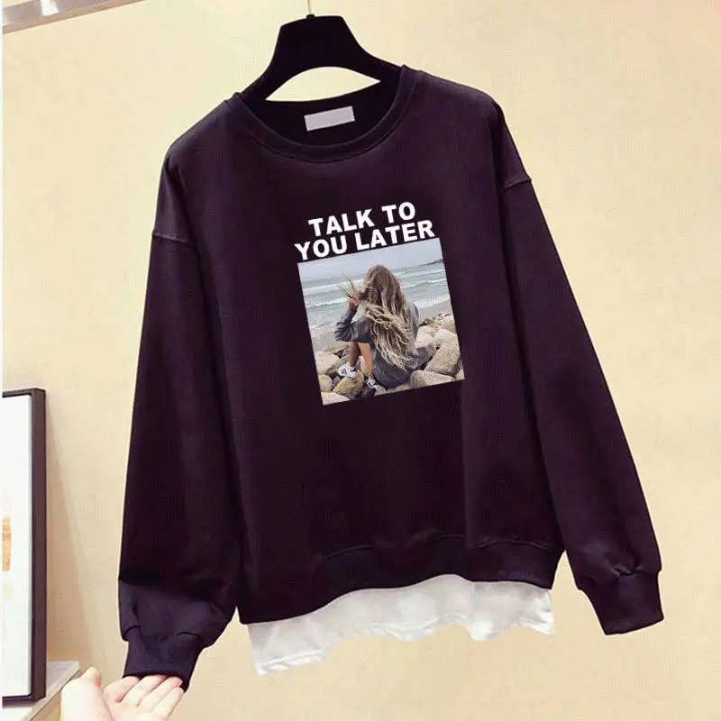Fashion Printed Loose Casual Tee Shirt Female Clothing 2023 Autumn Winter New Korean Tops Fake Two Pieces T-Shirts