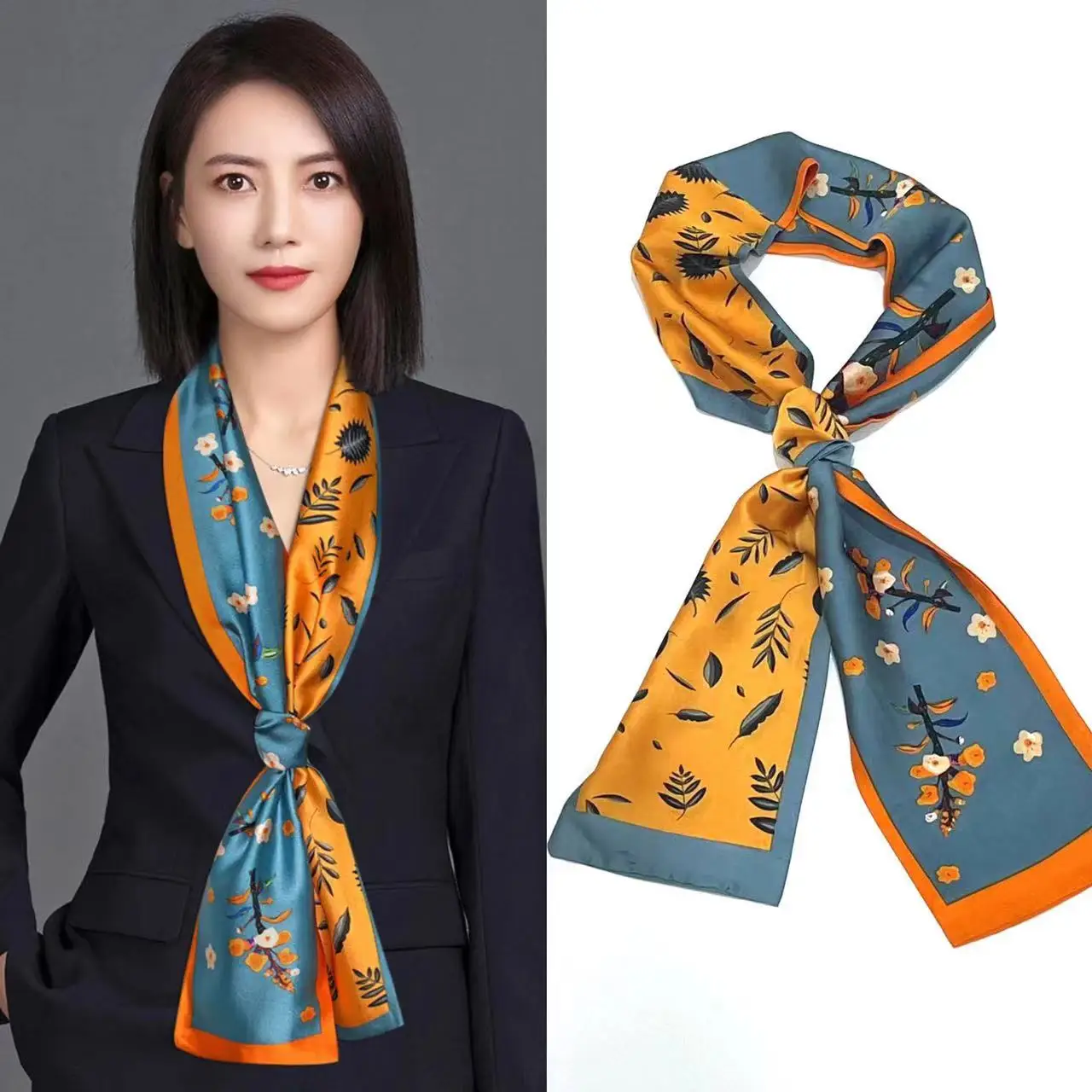 New Narrow Women Silk Scarves Puffer Ribbon Hair Accessories Tie Bags 145x13cm Neck Scarf Printed Simulation Long Silk Scarf