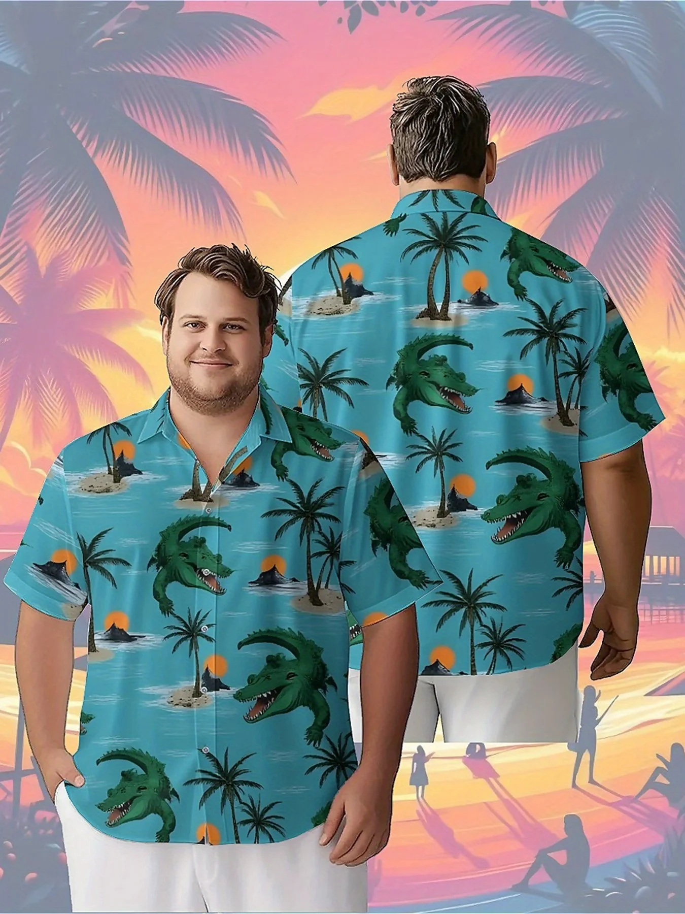 

Men's Plus Size Hawaiian Shirts Crocodile and Palm Trees Pattern,Unisex Baggy Aloha Shirts,summer Alternative Clothing
