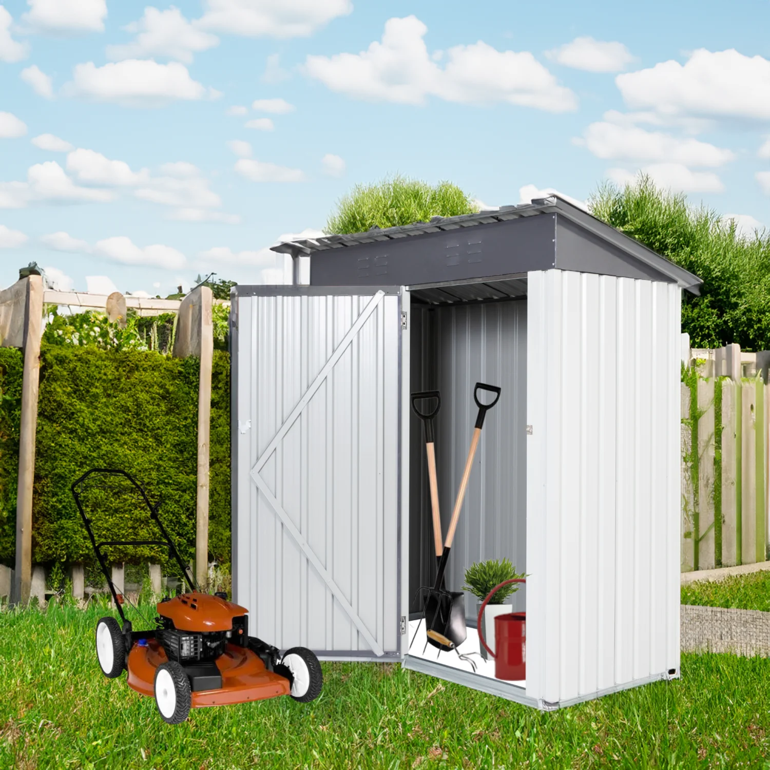 XWT016 Garden Metal Storage Lifter Shed Gray White 5x3x6ft outdoor storing tools Rainproof Hinge door version