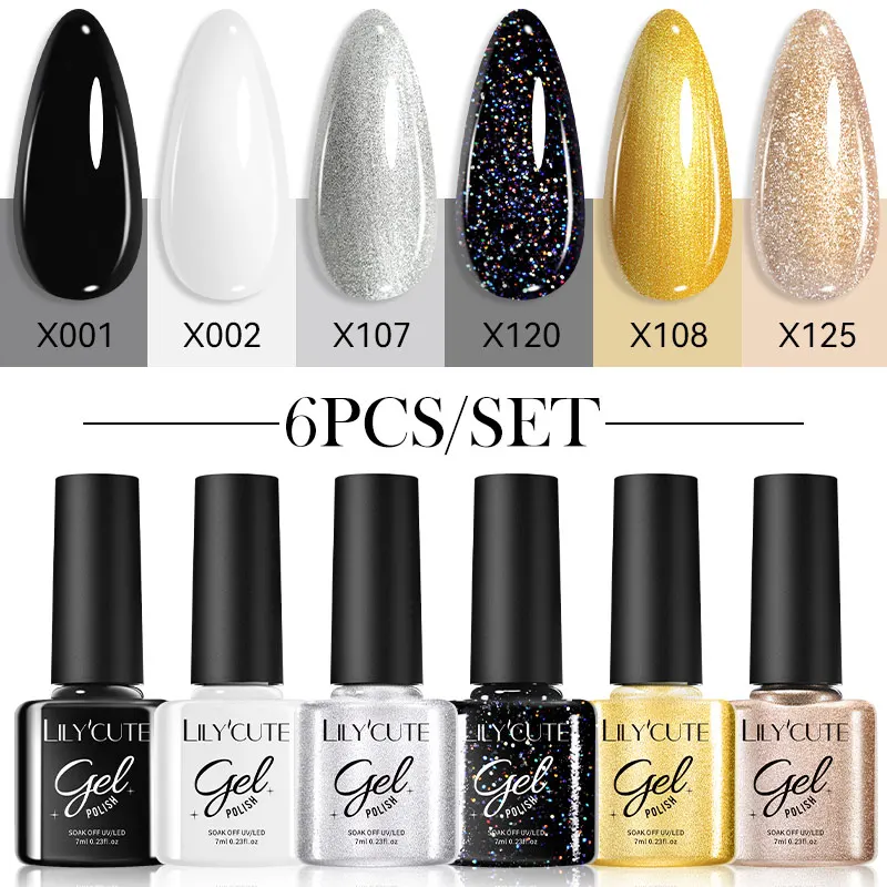 Lilycute 6 Stks/set Kleur Nagelgellak Set Kits Basis Top Coat Lak Inweken Uv Gel Led Semi-Permanente All Voor Manicure