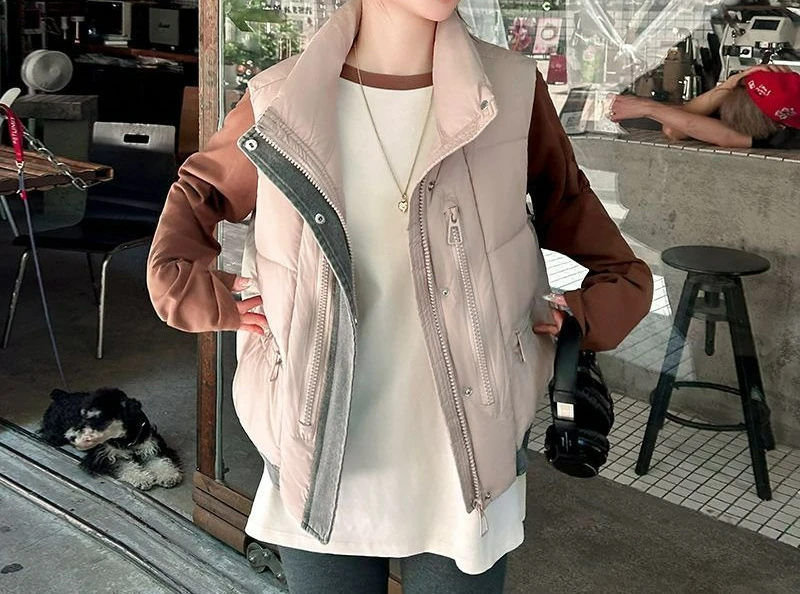 Krótka kamizelka patchworkowa z denimu ze stójką, nowy styl na jesień i zimę 2025, gruba kurtka bez rękawów.