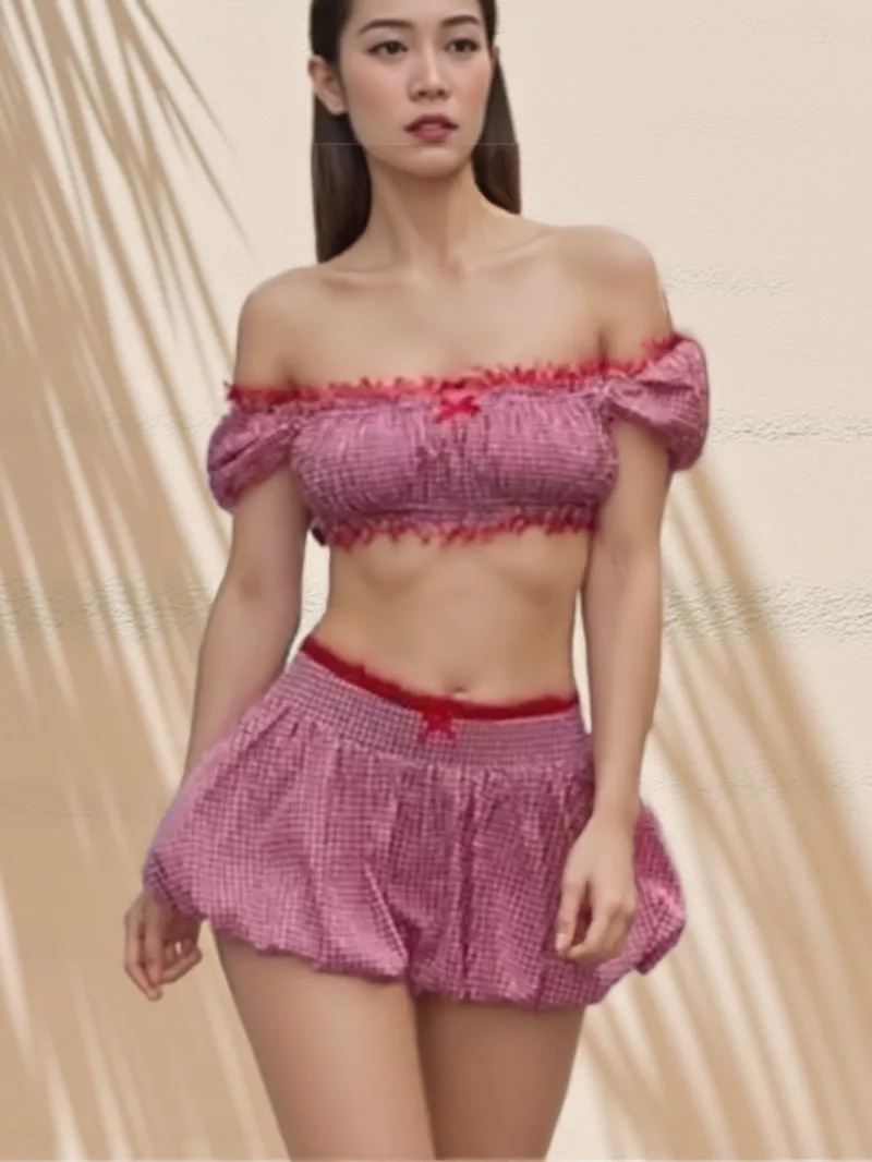 

pink seet Women's Summer Plaid Outfits Off Shoulder Short Sleeve Crop Tops + Mini Bubble Skirt Set Party Clothes 1M9K