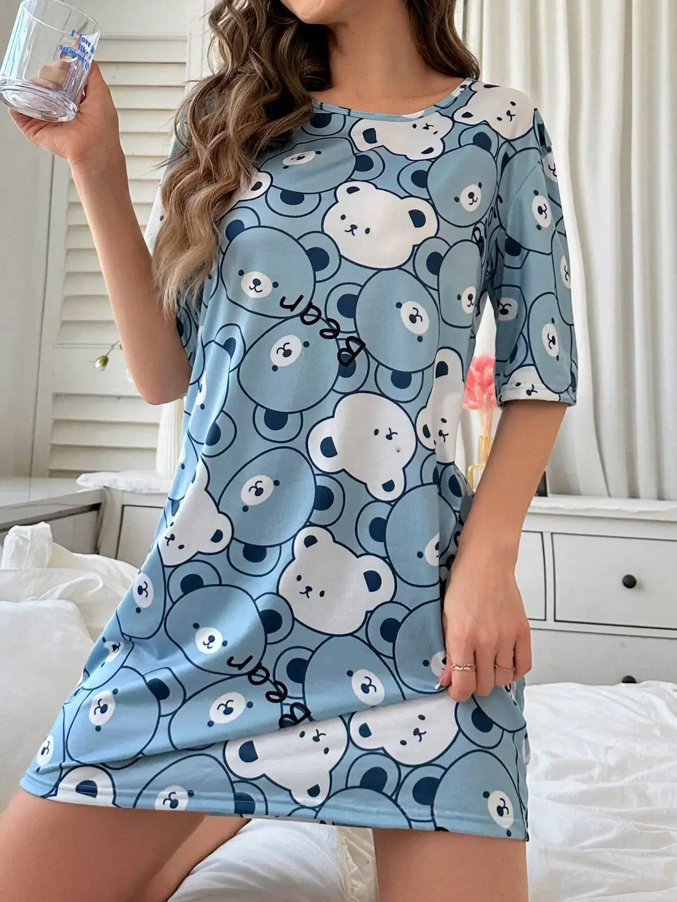 Blue Bear Face Print Loose Fit Nightdress with Short Sleeves