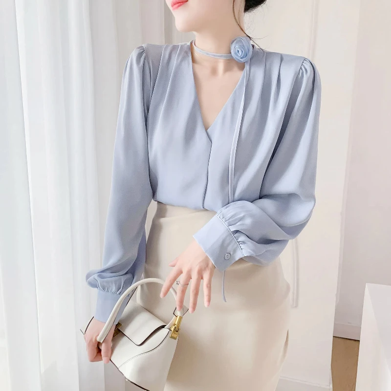 Temperament Chiffon Loose Blouse Spring Autumn New Long Sleeve V Neck Solid Elegant Shirt Tops Fashion Korean Women Clothing