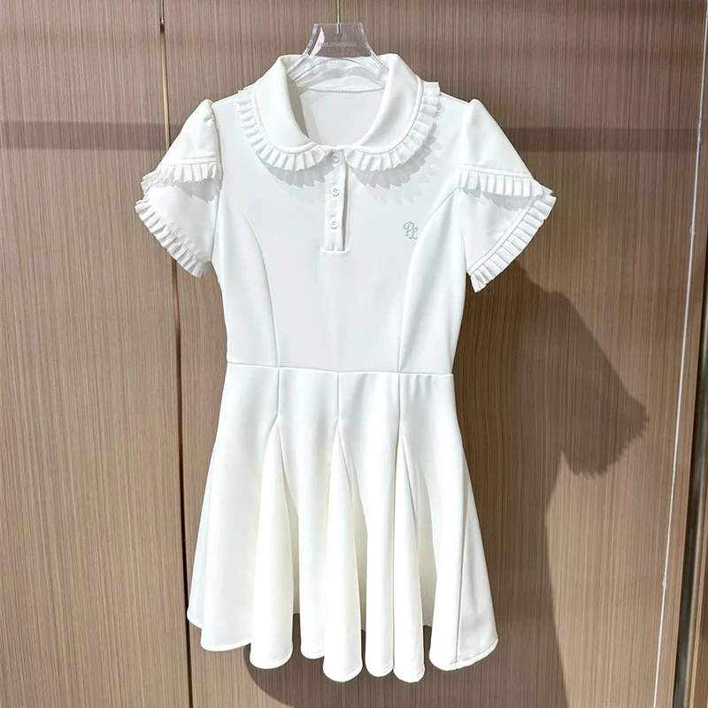 PL Women Golf Short Sleeve Dress Pleated Lace Polo Shirt Dress High Waist A-lined Golf Skirt with Inner Short Fashion Sportswear