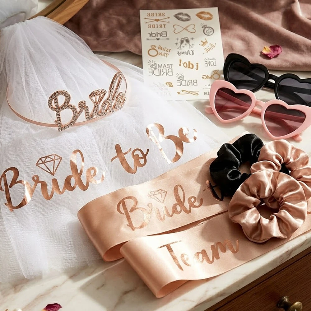 Rose Gold Bachelorette Party Decor Kit Bride To Be Veil Sash Tiara Heart Sunglasses Team Bride Hen Party Bridal Shower Supplies - view 3