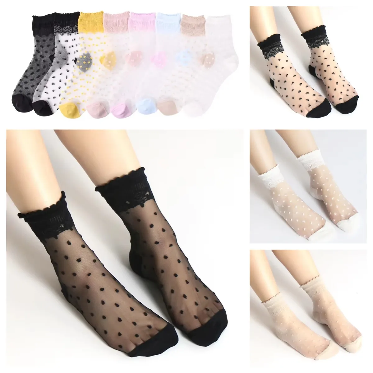 1 زوج شبكة جوارب شبكية البولكا نقطة رقيقة جدا شفافة النساء الزجاج الحرير شير الجوارب الصيف الكاحل الجوارب Calcetines Mujer #1
