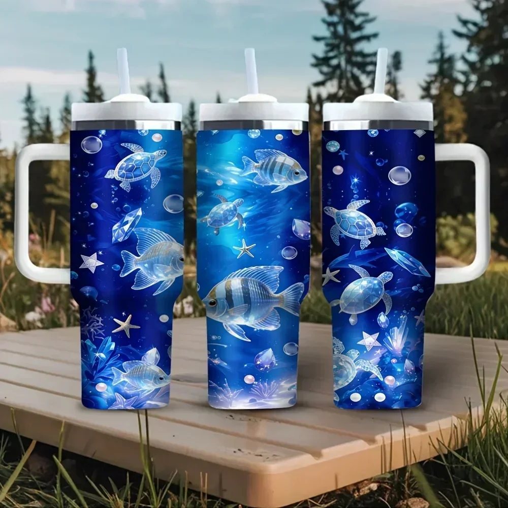 40Oz Tumbler with Handle, Cute Ocean Fish Turtle Bubble Print Design, Fits Both Hot And Cold Drinks, Suitable for Daily Use, Outdoor Travel And Camping Trips for All People