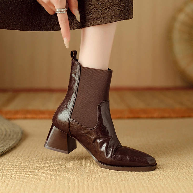 

Women's new leather cowhide thick heel high-heeled oversized retro elastic tube mouth and calf fashion short boots