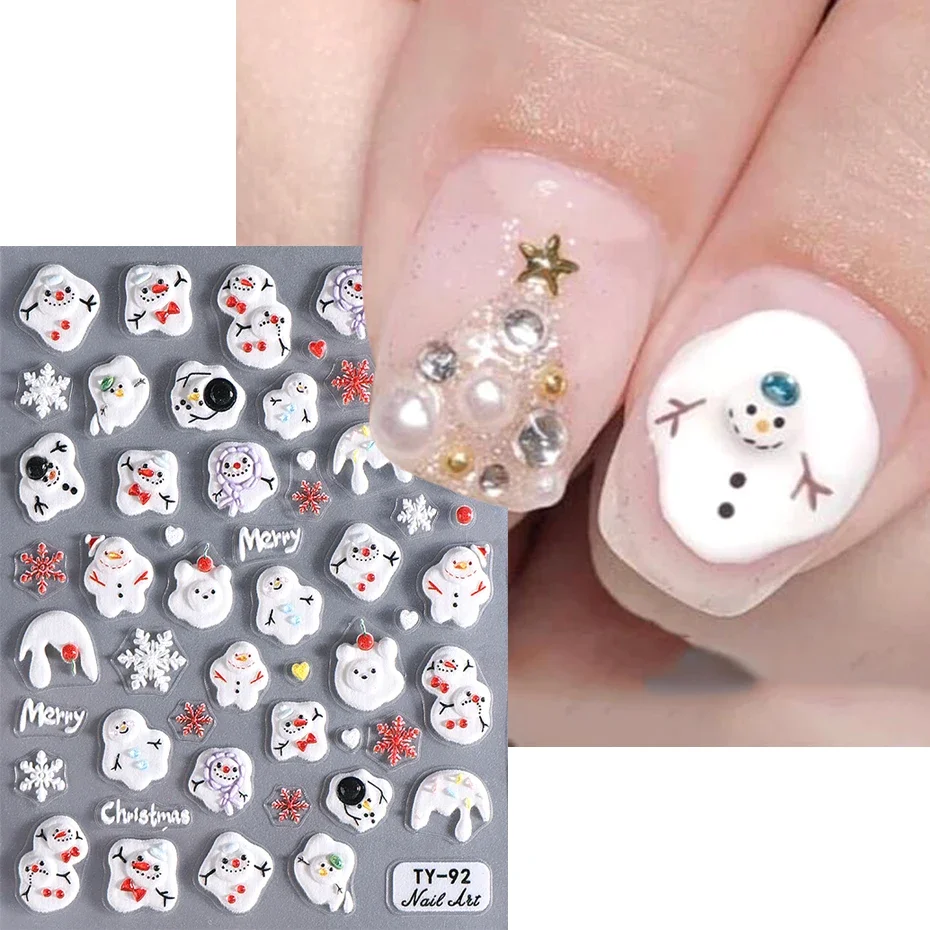 5D Embossed Christmas Snowman Elk Nail Art Sticker Cute Winter Cartoon Engraved Slider Decal Japanese Korean Manicure Decoration