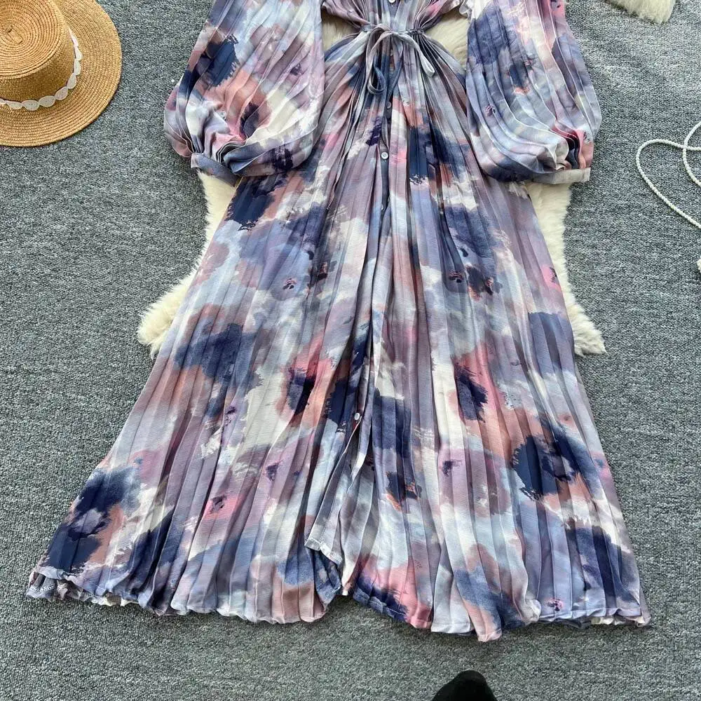 ชุดเดรสยาวสไตล์เกาหลี โบฮีเมียน แฟชั่นผู้หญิง ลายพิมพ์หลวมๆ ผูกเชือก ทรงเข้ารูป กระดุมแถวเดียว ดีไซน์หรูหรา สไตล์วินเทจ