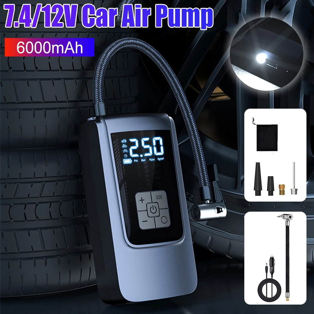 

Беспроводной электрический воздушный компрессор 150PSI 7,4/12 В с двойным напряжением, накачиватель шин, автоматический стоп, светодиодный светильник для автомобильных мотоциклетных шариков и аксессуаров