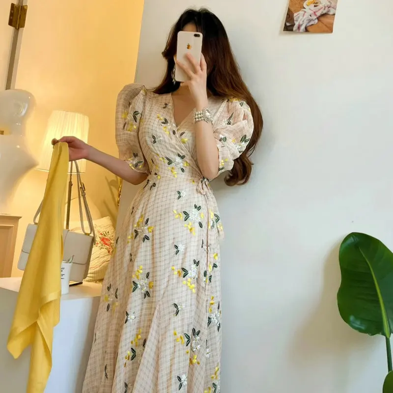 

Solowen Heavy Embroidery Flower Tie Waist ort Sve Slim Fit Dr Cotton A-Line Summer Dr Ladylike Commute Sle