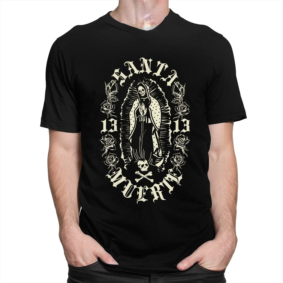 Classic Gothic Santa Muerte 13 Tshirt Men  Lady of Holy Death Shirt Mexican Skull Tee Short Sleeve Streetwear Hip Hop Tee Shirt