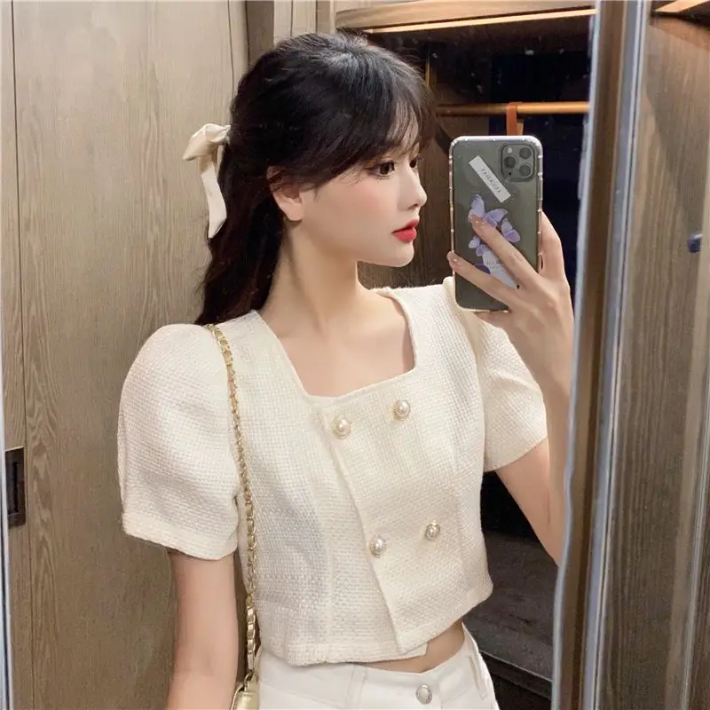 

Короткие топы женские, лето 2025 г., двубортное твидовое пальто с пышными рукавами, рубашка, французская элегантная тонкая универсальная однотонная блузка