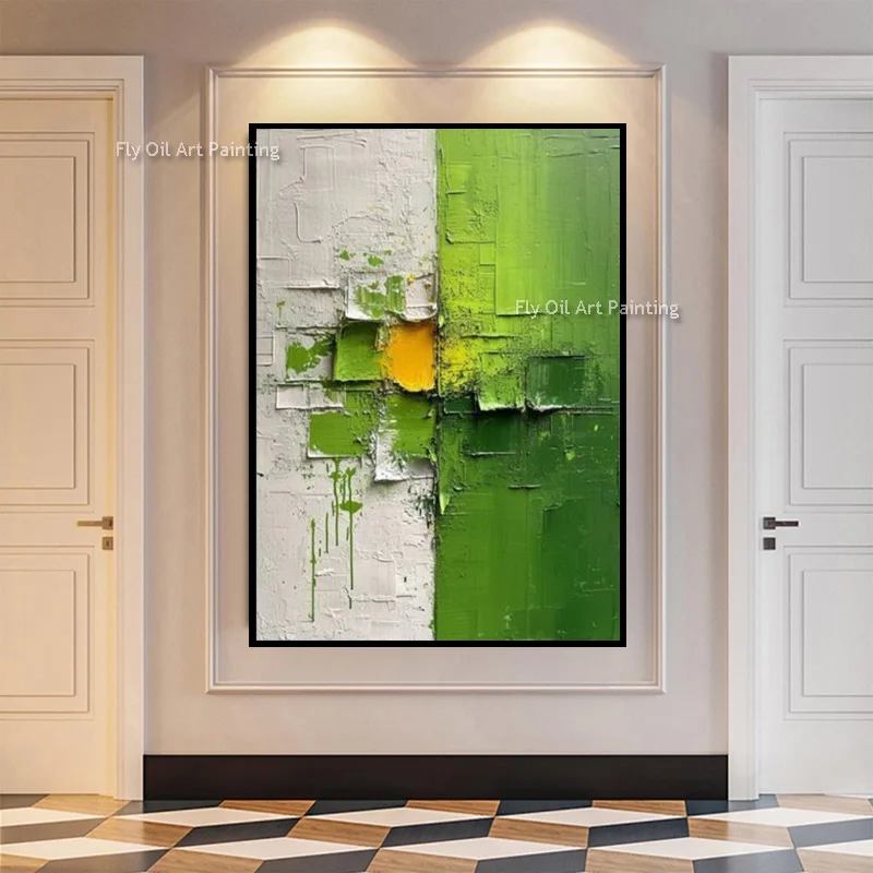 Original Hand Painted Green Geometric Textured Art, Vertical Relief Canvas, Fresh Minimalist Home Wall Art