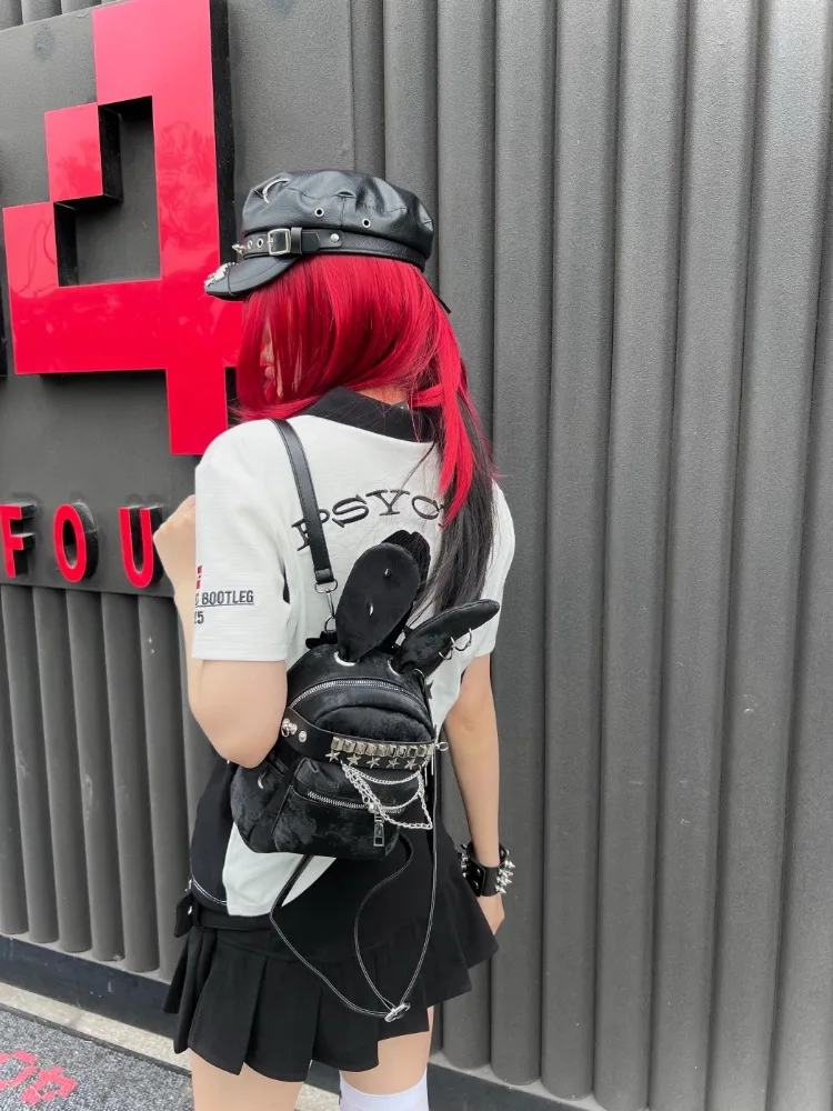 Original Handmade Punk Dark Subculture Rabbit Rivet Backpack Hottie Sweet Cool Schoolbag Versatile Commute Bags for Women view 2