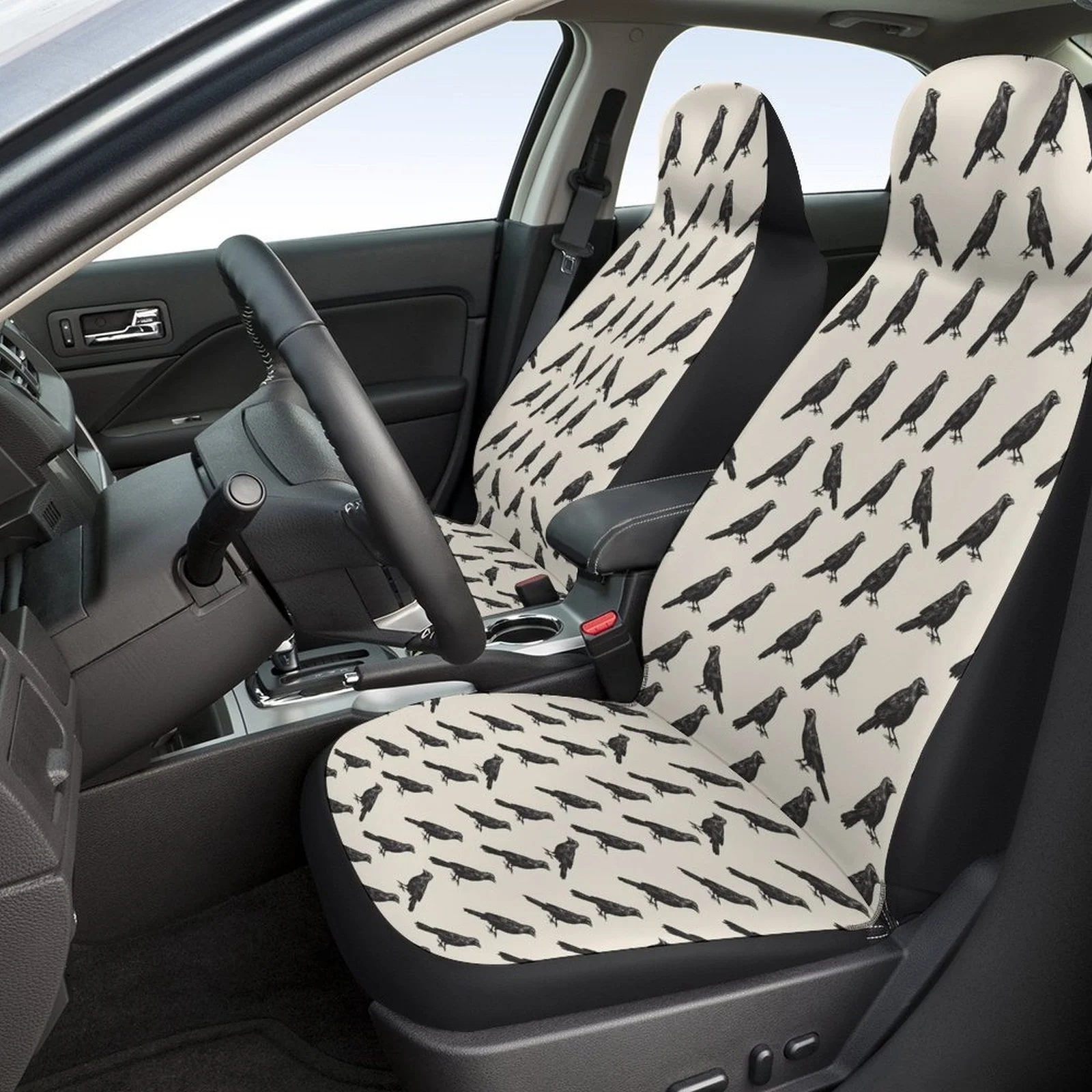 A Set Of Vintage Gothic Car Seat Covers Featuring A Raven Design, Suitable For Most Vehicles. This Trendy Novelty Set Includes F