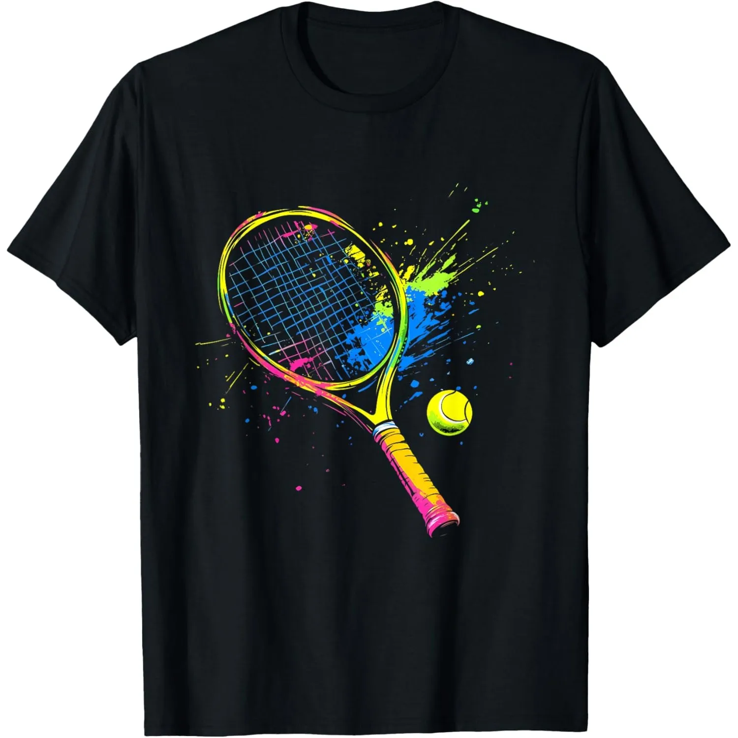 

Neon Splatter Tennis Racket Graphic Tee Men Breathable Cotton Round Neck T-Shirt