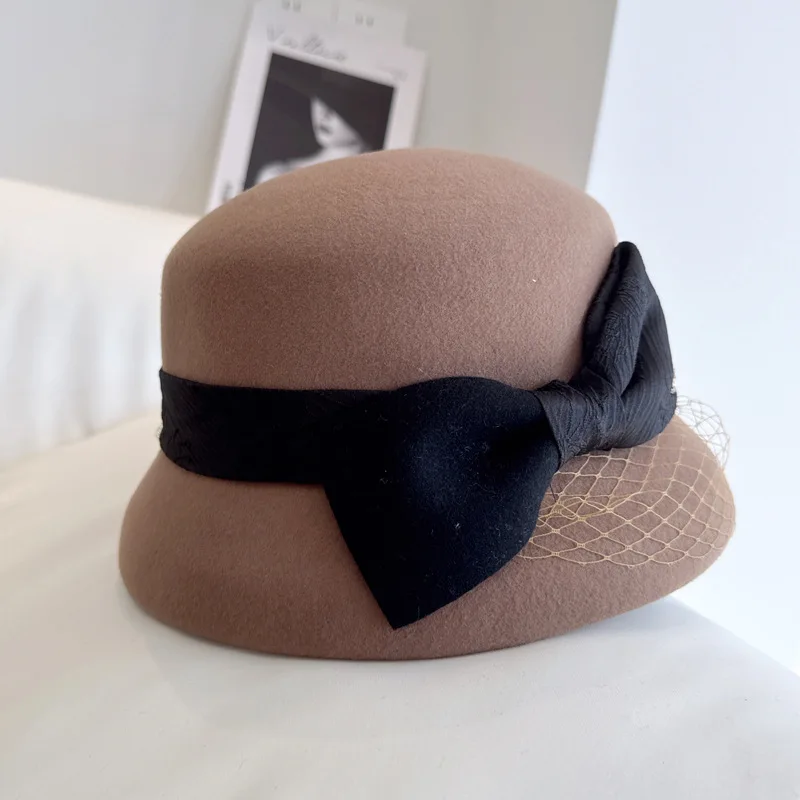 Hepburn small fragrant wool basin hat Autumn winter simple elegant bow fisherman hat women\'s banquet top hat