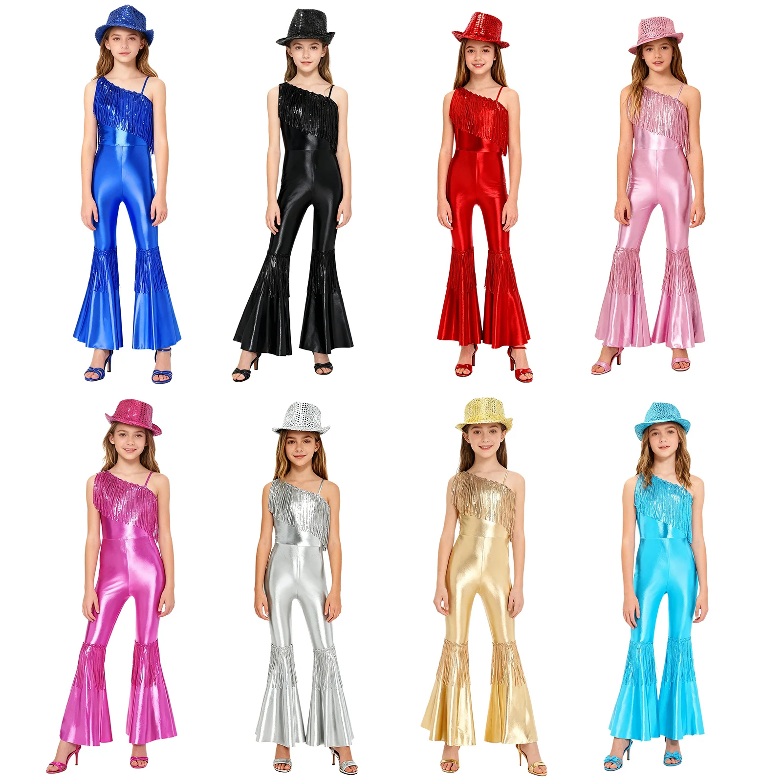 Fantasia de dança jazz discoteca para meninas, 2 peças, sem mangas, lantejoulas, borlas, cintura alta, macacão queimado com chapéu fedora para festa de concurso