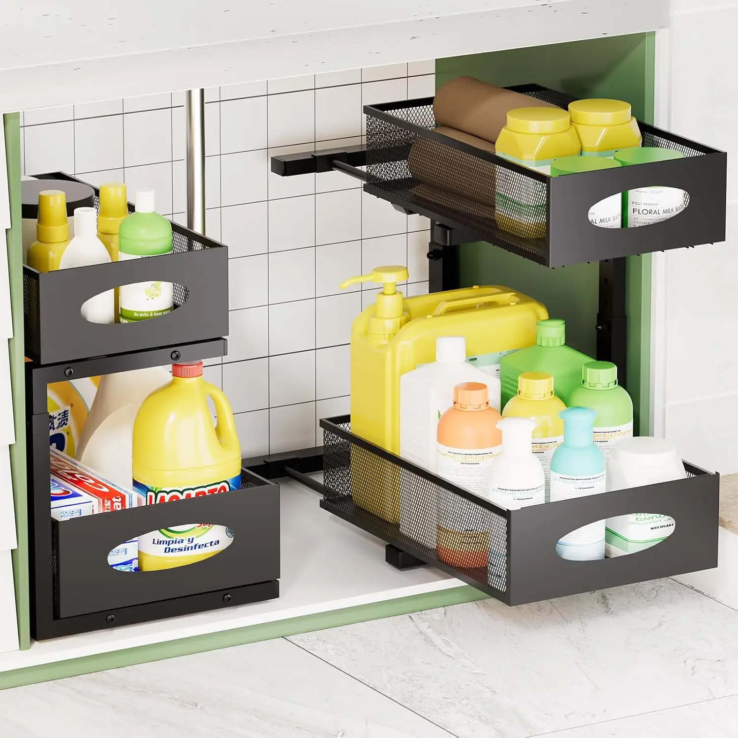 

Under Sink Organizer, 2 Packs 2 Tier Under Sink Organizers and Storage, Slide Out Pull Out Cabinet Organizer Shelf, Metal Slidin