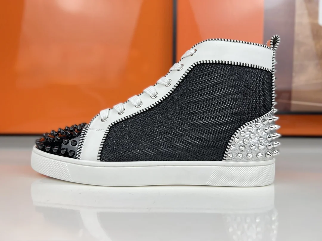 Luxury Men's Rivets Toe Silver Heel High Top Black Glitter Leather Lace Up Loafers Red Bottom Sneakers Classic Casual Boat Shoes