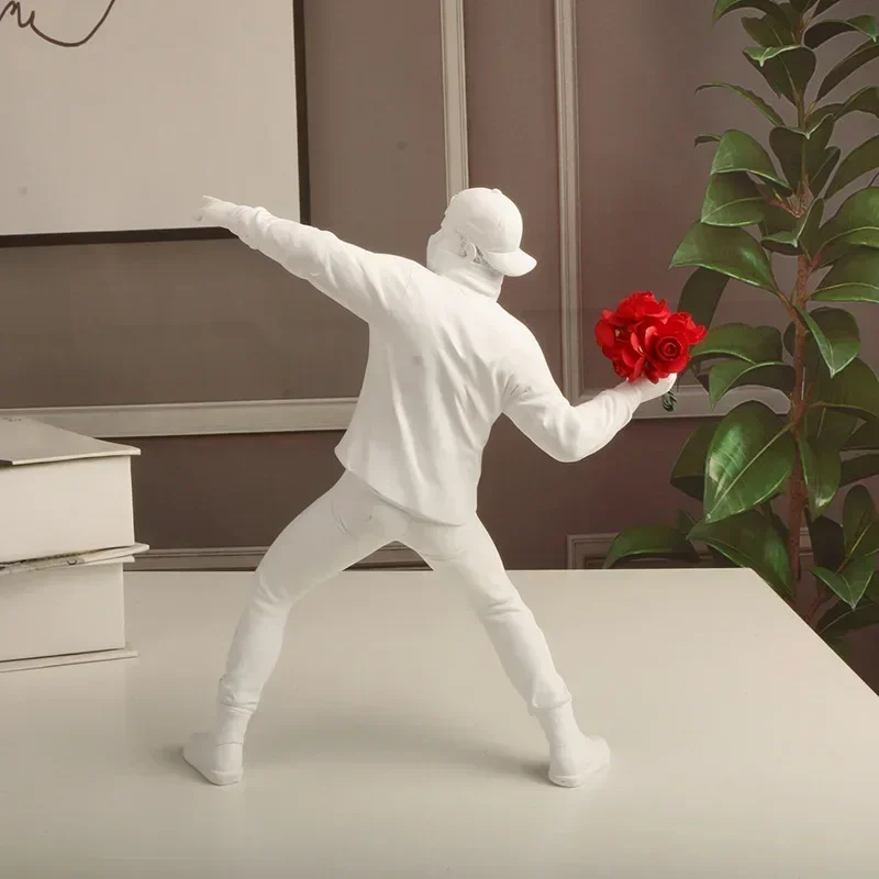 Banksy Statues Throw Flower Boy  Modern Banksy Crafts Living Room Decoratio Resin Sculpture Art Designer Figurinesn House Decor