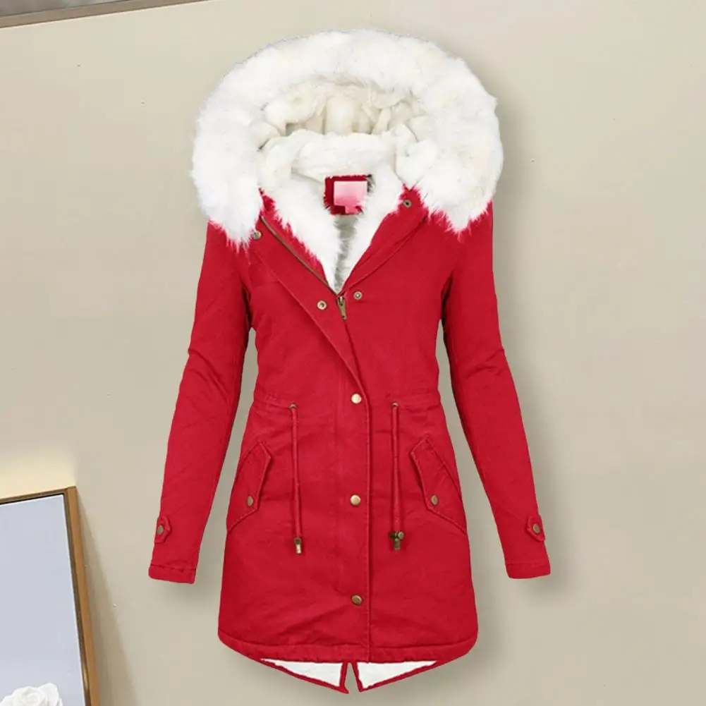 Abrigo clásico suave con cremallera y botones para mujer, abrigo ajustado con capucha de algodón acolchado de longitud media, chaqueta de invierno