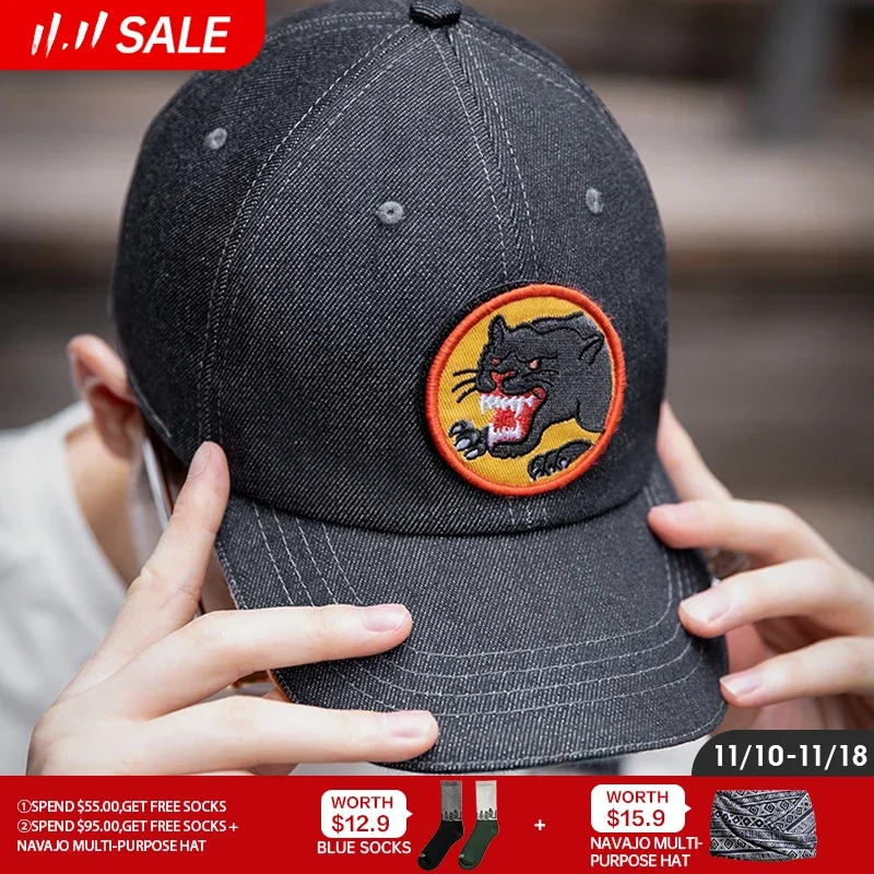 

Maden 13.5OZ Denim Baseball Cap for Men Inside Letter Printed Visors Round Top Versatile Shade Cap Denim Blue Color for Unisex