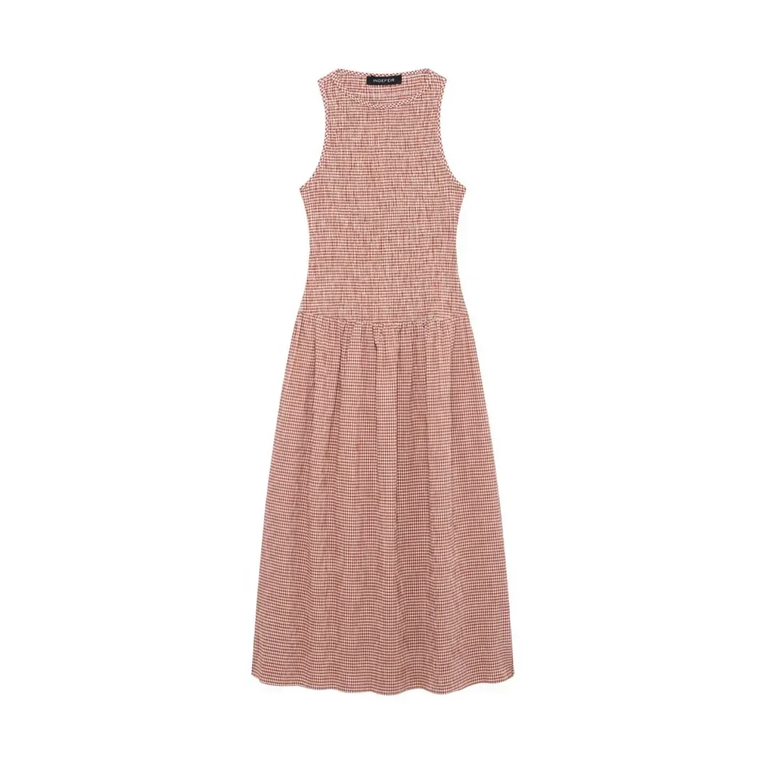 2025 novedad de verano vestido de mujer a la moda a cuadros plisado sin mangas cuello redondo Midi chaleco vestidos francés Chic ropa de noche femenina